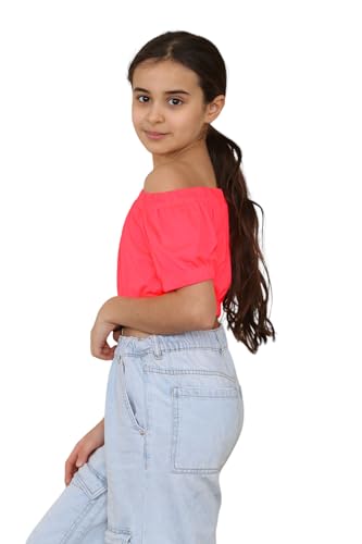 Loxdonz Girls Short Sleeve Crop Top Kids Off Shoulder Top T-Shirt Tee Tops2