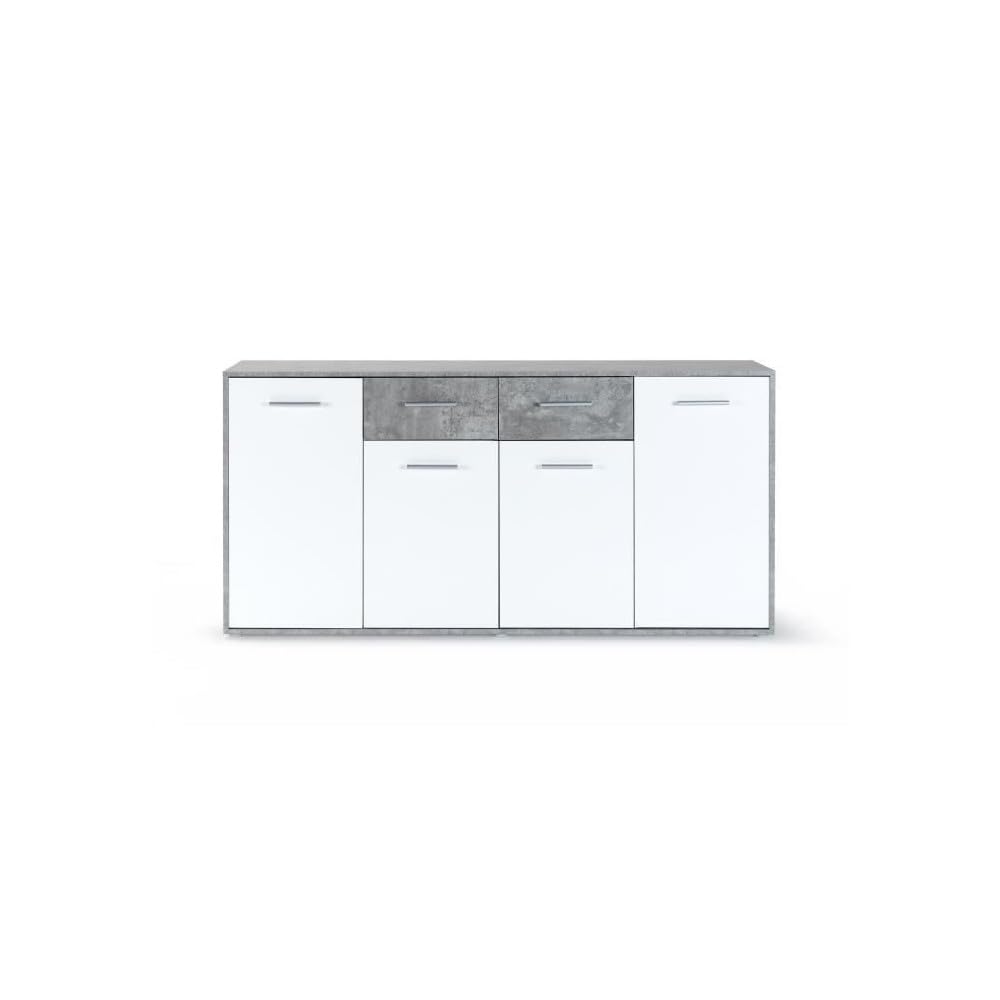 Forte ANTUZA Moderne Kommode 160 170, weißes Sideboard mit 4 Türen und 2 Schubladen, Holzwerkstoff, Betonoptik hellgrau/Weiß, 162,3 cm breit x 88,1 cm hoch x 34,2 cm tief