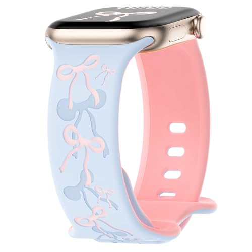 YMHML リボンバンド Apple Watch用バンド 女性用 40mm 42mm 41mm 38mm 44mm 45mm 46mm 49mm 刻印入り かわいいシリコンインレイ ドレッシーピンクリボンストラップ iWatch Series 10 9 8 7 6 5 4 3 SE Ultra用の商品画像（Amazon）