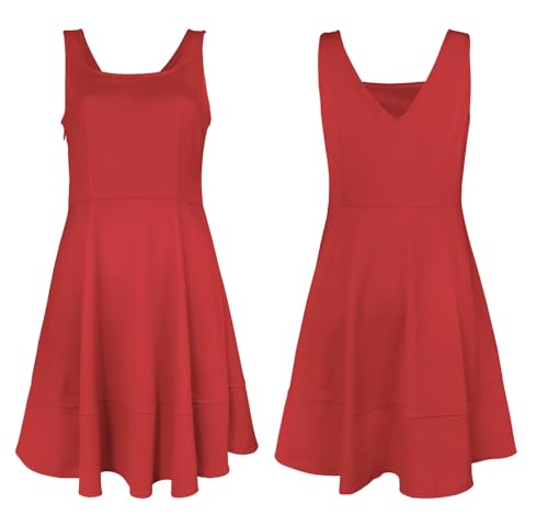 Image of FANCYINN Women's Short V-Back Dress U-Neck Inslace Hem Wide Straps Tank Mini Skater Cocktail Dresses