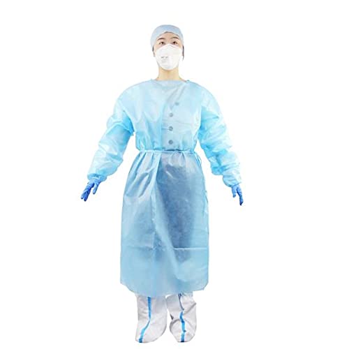 Vestidos de isolamento descartáveis AAMI Nível 1 azul - material PP + PE, fecho nas costas, punho el