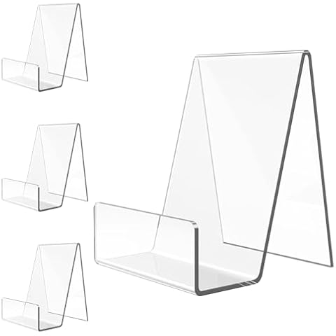 Suneerplay 4 Pack Acrylic Book Stand, Book Holder for Display, Clear Easel Stand for Display, Display Holder for Postcard, CD, Frame, Picture, Magazine, Plate, Phone, Sticker Cover