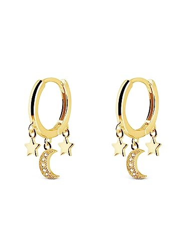 SINGULARU - Pendientes Midnight Sky. Plata de Ley Acabado en Baño en Oro de 18 Kt y Circonitas. Cierre Congo. Joyas para Mujer