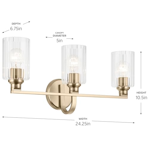 Image of Kichler Gioe 24.25 inch 3-Light Bathroom Vanity Light Fixture with Clear Fluted Glass in Champagne Bronze, Damp Rated for Mirror, Powder Room (24.25 inch W x 10.5 inch H), 55226CPZFLU