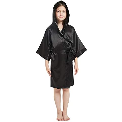 YAOMEI Kid’s Girl’s Dressing Gown Kimono Robe Satin Pure Color Bathrobe Spa, Swimming Wedding Birthday Nightwear Pyjamas Sleepwear (160, A-Black) Cover