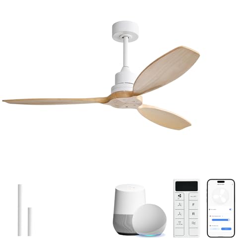 Image of Sofucor 52 Inch Solid Wood Ceiling Fans no Light, Works with App /Alexa /Google, Dimmable 6-Speed Outdoor Ceiling Fan with Remote for Indoor Bedroom Living Room Outdoor Patio Porch, Reversible DC Motor