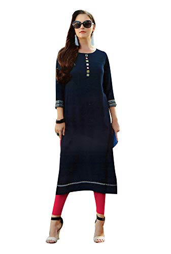 ladyline Plain Rayon Traditional Mirror Embroidery Work Kurtis for Women Tunic Top Indian Dress (Size-38/ Navy Blue)
