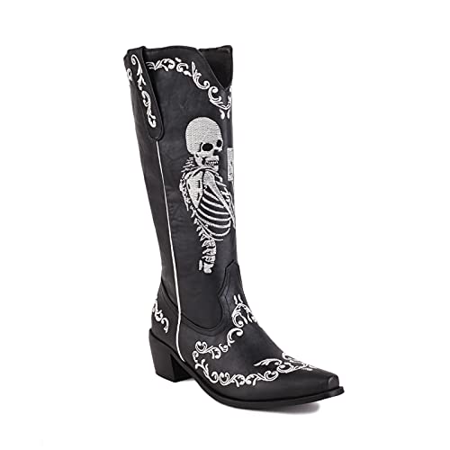 Sungtin Skull Embroidery Cowboy Boots for Women, Vintage Point Toes Chunky Heels Pull On Western Mid Calf Boots