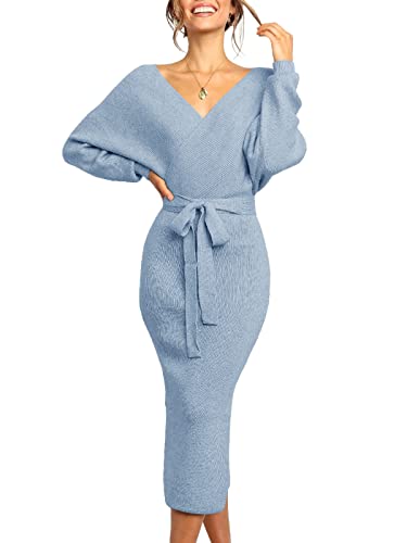 Image of Chang Yun Women's Long Maxi Sweater Dresses Sexy Wrap Batwing V Neck Slit Open Back Holiday Bodycon Dress with Belt