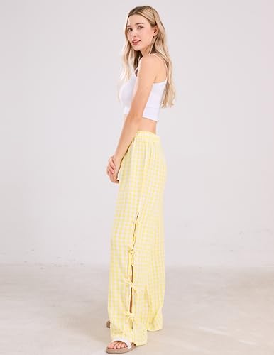 Image of codcm Womens Gingham Striped Wide Leg Pants Y2k Lounge Pants Lace Up Loose Trousers