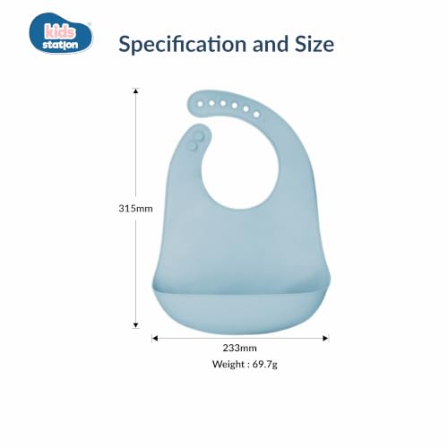 Image of Kids Station Silicone Baby Bib for Feeding & Weaning BPA Free, Soft Adjustable Neckline with Buttons, Washable & Reusable, Ideal for Babies & Toddlers 6 to 36 Months - Blue