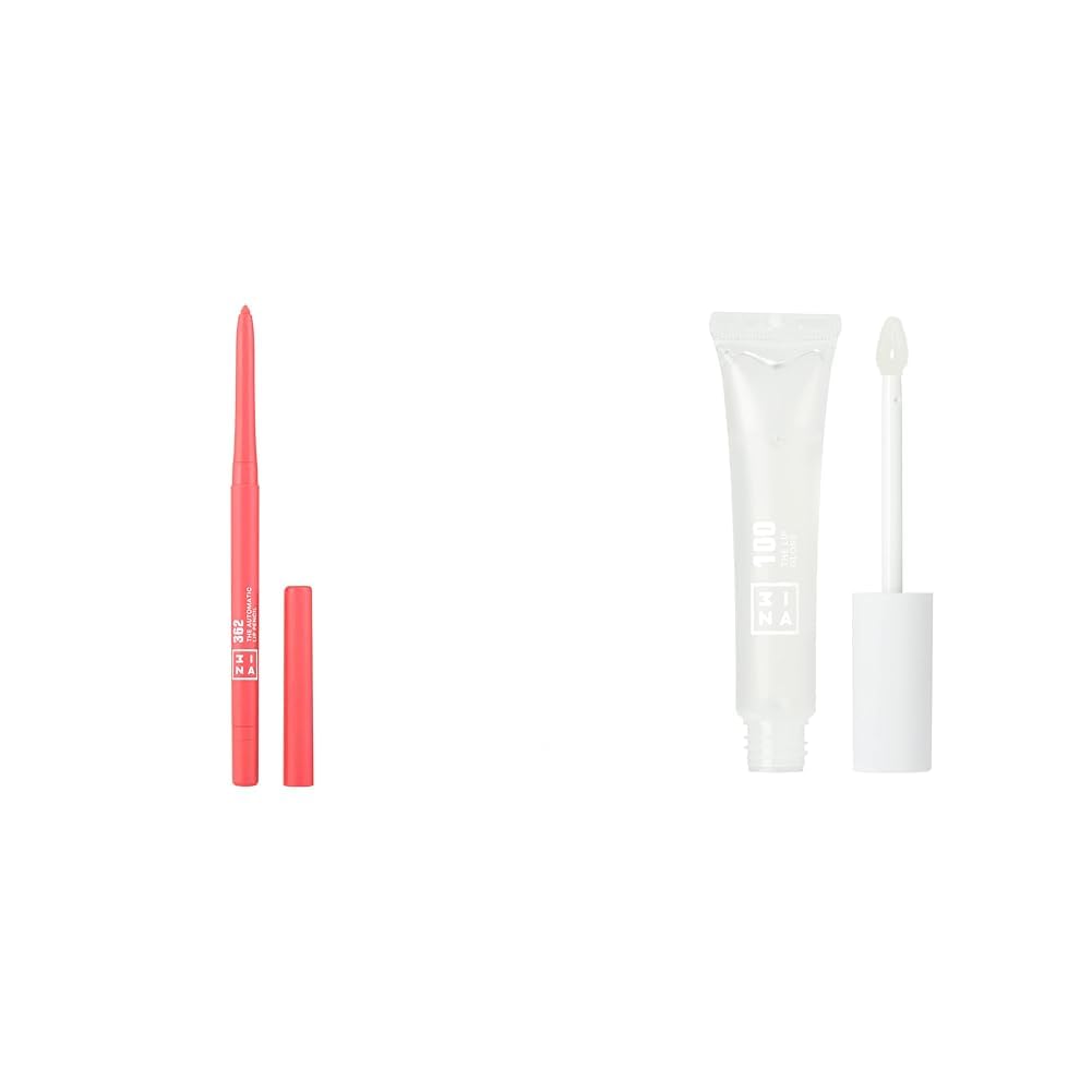3INA MAKEUP - The Automatic Lip Pencil 362 + The Lip Gloss 100 - Perfilador de Labios Rosa Retráctil - Brillo de labios de textura cremosa y ligera - Vegan - Cruelty Free