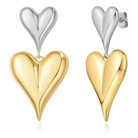 DAILY VIBES Big Chunky Gold Silver Heart Dangle Earrings for Women Hypoallergenic Dainty 14k Gold Plated Lightweight Statement Double Love Heart Drop Earrings for Women Cover