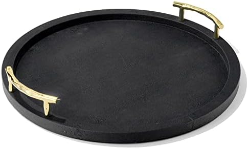 American Atelier Round Serving Tray- Large Decorative Platter w/Carry Handles in Gorgeous Leatherette Finish Perfect for Food, Drinks, Ottoman or Centerpiece, Gray/Green, 1630071, 17''