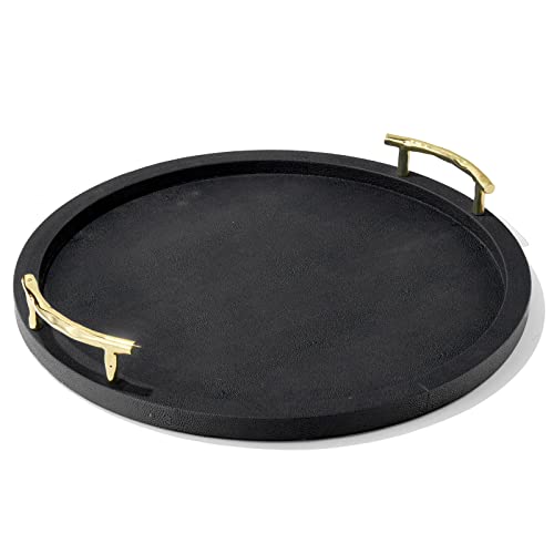 American Atelier Round Serving Tray- Large Decorative Platter W/Carry Handles In Gorgeous Leatherette Finish Perfect For Food, Drinks, Ottoman Or Centerpiece, Gray/Green, 1630071, 17'' #TOP17