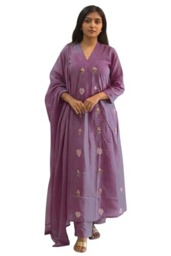 ANNI Designer Women's Rayon Viscose Embroidered Straight Kurta with Pant & Dupatta (Piano Purple_M_Purple_Medium)