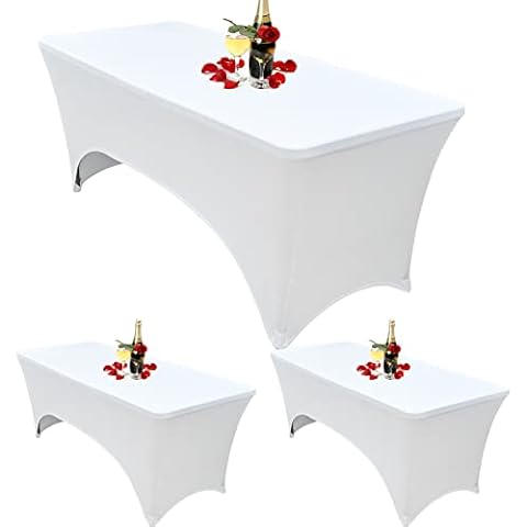 3 Pack 6ft Stretch Spandex Table Cover, Washable Stretch Wrinkle Resistant Rectangular Tablecloth,Tight Fitted Patio Table Cloth for Event Wedding Banquet Parties - White 183cm Lx76cm Wx76cm H Cover
