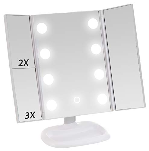 MyLadyMagic Lighted Tri-fold Makeup Mirror with 8pcs Big Blubs and 1X/2X/3X Magnification for Cosmetic Beauty (White)