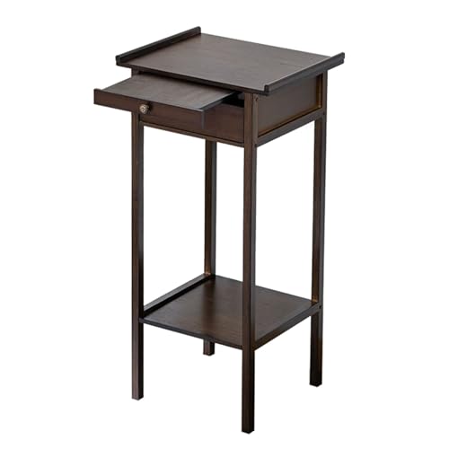 Mesa de altar budista con estante de almacenamiento, mesa Pooja de 2 niveles con cajón y estante extraíble para sala de estar y pasillo, ideal para espacios pequeños