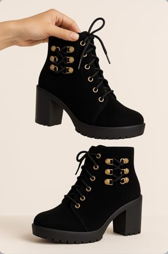 Image of Women's Ankle Boots | Stylish & Trendy Lace Up Design Fashion High Ankle Chelsea Boot with Heel | Durable Suede Leather Stylish Block Heeled Western Boots For Girls & Women