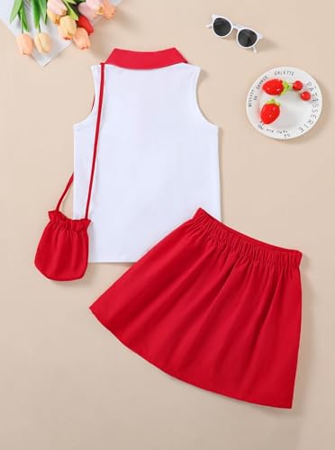 Image of Girls 2 Piece Outfit Preppy Strawberry Graphic Sleeveless Polo Shirt and Pleated Skirt Set with Crossbody Bag