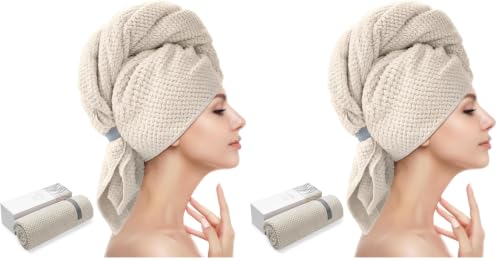 Image of YFONG Large Hair Towel Wrap for Women, Super Absorbent Microfiber Hair Towel for Curly Hair, Fast Drying Hair Turbans with Elastic,Hair Drying Towel Wrap for Hair Care 26.3 inch X 40 inch (Camel) (Pack of 2)