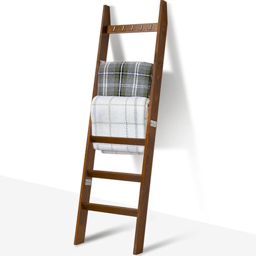 Image of TEAKMAMA 6-Tier Blanket Ladder for Living Room and Bedroom,5.4 Ft Wall Leaning Quilt Rack with Hooks,Rustic Decorative Farmhouse Blanket Storage,Ladder Holder,Christmas Decorations,Mahogany Finish