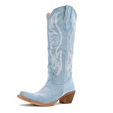 GORBINETI Women's Blue Cowgirl Boots Pull on Suede Cowboy Boots Chunky Block Heel Western Boots Mid Calf Cowboy Boots Vintage Embroidery Boots Almond Toe Fashion Boots Sky Blue 9.5
