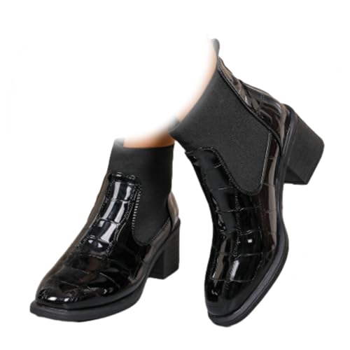 HESYSUAN Bottines Chelsea à talon haut pour femme, en cuir verni, blanc britannique, imperméables et confortables, à talon moyen, Noir , 37.5 EU