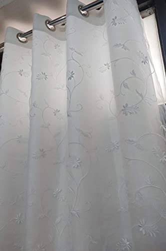 Image of Polyester Door Semi Sheer Curtains, White, Floral, Pack Of 2(7 Feet, White Embroidery + White Blackout)