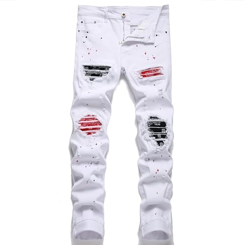 AITITIA Men's Biker Zipper Deco Washed Straight Fit Jeans, 6625 White, 34