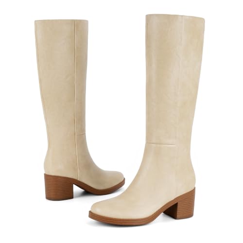 Image of Easyfox Womens Knee High Boots Chunky Low Heel Round Toe Tall Long Boots | Balanced Low Block Heel, Roomy Round Toe, Anti-slip Rubber Outsole, Fashion Heeled Dressy Fall Winter Long Boots for Women