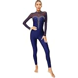 inlzdz Femme Justaucorps Gymnastique Sport Académique Strass Combinaison en Mesh Transparente Jumpsuit Bodysuit Danse Ballet Jazz Unitard Romper à Manches Longues S XXL A Bleu Marine M