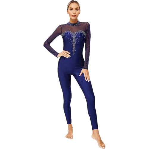 inlzdz Femme Justaucorps Gymnastique Sport Académique Strass Combinaison en Mesh Transparente Jumpsuit Bodysuit Danse Ballet Jazz Unitard Romper à Manches Longues S-XXL A Bleu Marine M