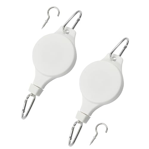 Rierdge 2 Pack Retractable Plant Pulley Adjustable Hanging Basket Hooks for Hanging Plants, White (Buckle Type)