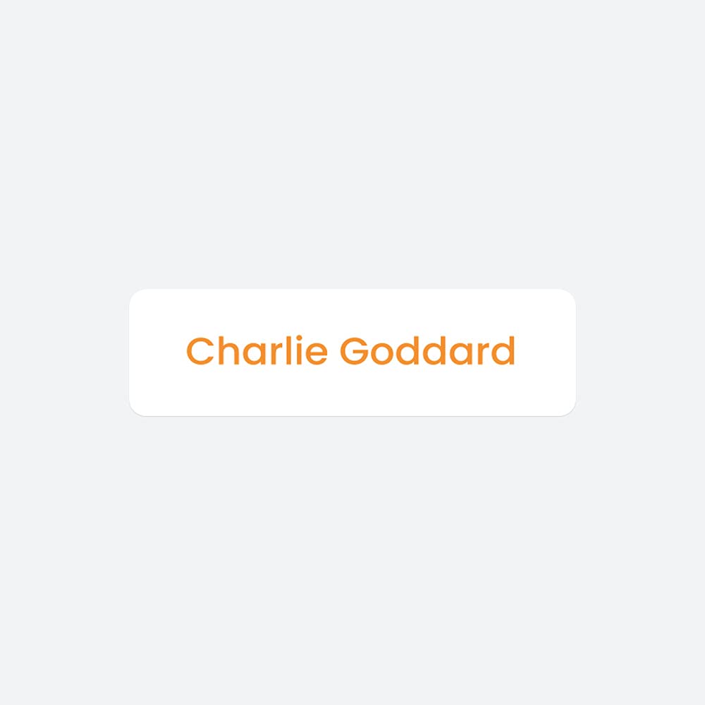 64 x No Iron Small Personalised Stick On Waterproof Washable Name Labels Great for Clothes, School Uniform, Equipment, Shoes. School, Nursery - White with Orange Text