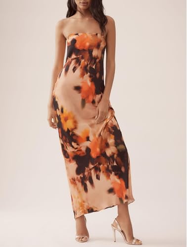 Image of Women Y2k Strapless Maxi Dress Floral Print Tube Long Dress Boho Beach Sundress Going Out Streetwear