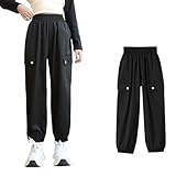 [chickiddos] キッズ 長ズボン カーゴパンツ 女の子 男の子 ロングパンツ ジュニア カジュアル 無地 通気 柔軟 速乾 薄手 スポーツウェア ダンスズボン ひんやり 涼しい 接触冷感 春夏秋 無地 黒 120
