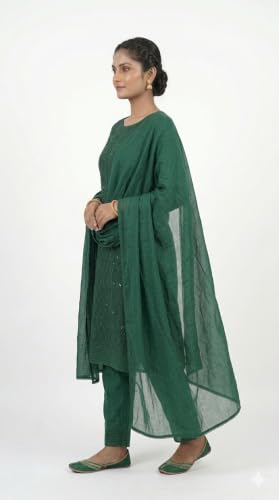 Image of Pakki Deals Women's Green Chikankari Kurta with Salwar Dupatta Set