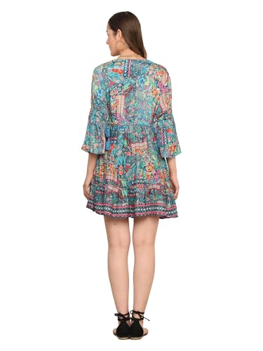 KE KANHA EXPORTS Dress for Woman Western Short|Beach Wear Dress for Women|Boho Border Print Flared|Multicolor|Adjustable Drawstring Tassel|Soft Silky Premium Feel|S-M-L