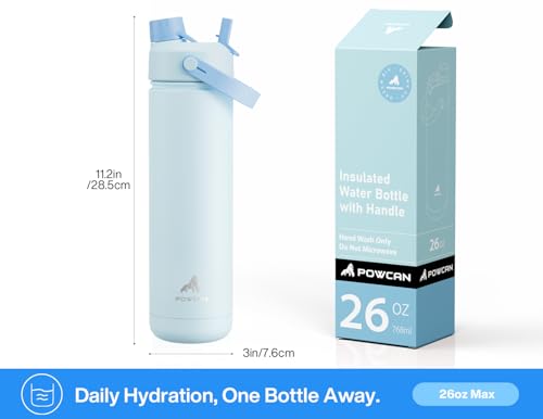 Image of POWCAN 26 oz Insulated Water Bottle with 2-in-1 Straw and Spout Lid, Keep Cold 24H, Leak-Proof, Fits in Car Cup Holder, Stainless Steel Water Bottle for Sports, Travel, and School (Sea Breeze)