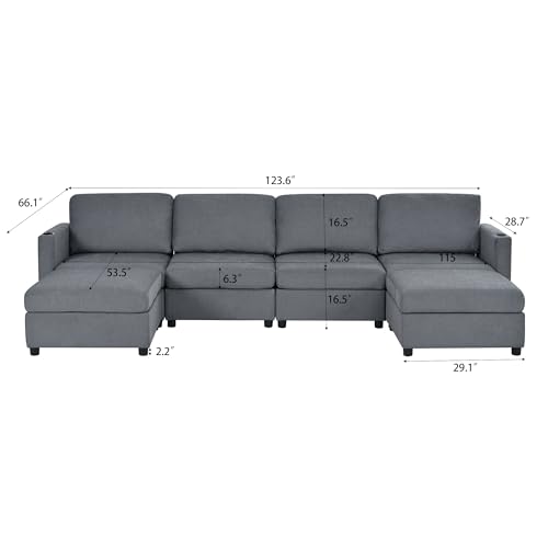 Image of QHITTY Convertible U Shaped Modular Sofa with Cup Holder, Sectional Couch with Storage Space, Living Room Sofa Bed- Grey
