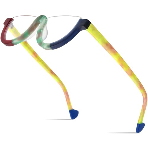 Image of HEPIDEM Matte Multicolor Acetate Glasses Frame Women,Semi Rimless Round Optical Eyeglasses