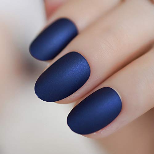Gorgeous Matte Fake Fingernails Short Oval Diamond Blue Frosted False Nails with Adhesive Tabs 24