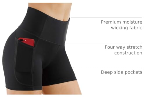 Image of THE GYM PEOPLE High Waist Yoga Shorts for Women's Tummy Control Fitness Athletic Workout Running Shorts with Deep Pockets