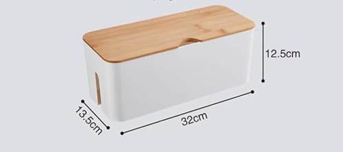 Kabelbox mit Bambusdeckel, Kabelmanagement-Organizer, Aufbewahrungsbox zum Verstecken von Kabeln Organisieren Computerverkabelung 32x13,5x12,5cm, Weiß