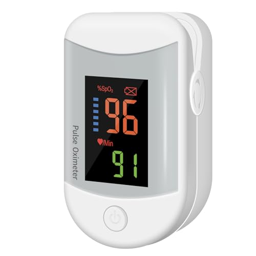 Tragbarer Finger Pulsoximeter für Fitness und Outdoor, Sauerstoffsättigung & Pulsrate Anzeige, OLED Bildschirm mit Batterien und Band (Weiß, 1 Stück)