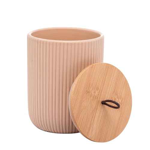 Potiche de Cerâmica com Tampa de Bambu e Pegador de Corda Lines Bege 10cm x 10cm x 12,5cm - Lyor