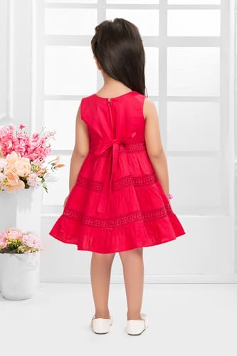 Image of Soft Cotton Lace Work Knee Length Fit & Flare Dress for Kids & Girls, Flower Embellished Frock for Casual & Special Occasion