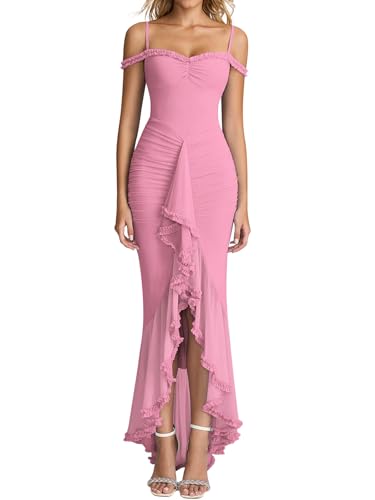 KUTUMAI Women Ruffle Bodycon Maxi Long Formal Cocktail Wedding Guest Dress